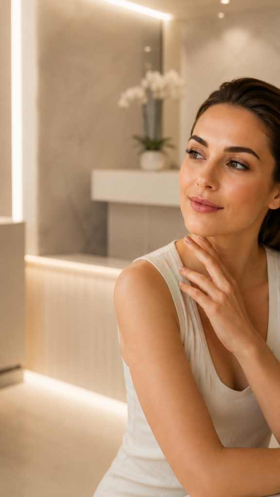Woman with glowing skin in a luxury medical spa environment in Vienna VA, representing Botox, fillers, and skin rejuvenation treatments
