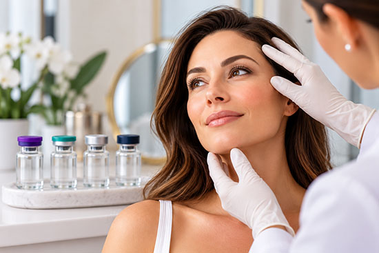 Woman receiving a facial assessment during a Botox and wrinkle relaxer consultation