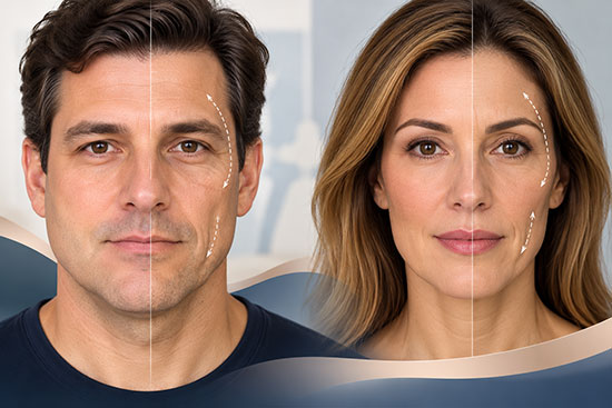 Facial changes in a man and woman after significant weight loss, including reduced cheek fullness and changes in facial contours